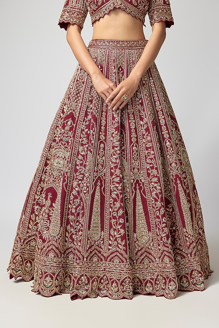 Maroon Raw Silk Embroidered Bridal Lehenga Set by ROQA | Siddharth Khurana & Kartik Khurana at Pernia's Pop Up Shop