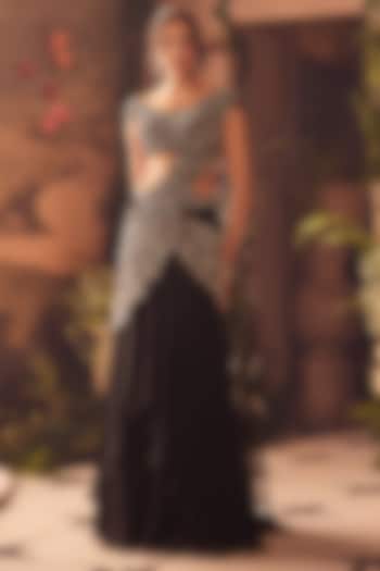 Black Georgette Floral Hand Embroidered Draped Skirt Reception Saree Set by ROQA | Siddharth Khurana & Kartik Khurana at Pernia's Pop Up Shop