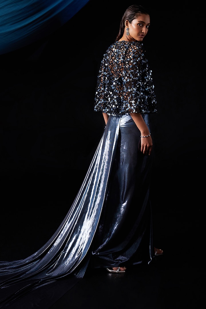 Metallic Blue Lycra & Net Jacket Corset Engagement Gown by ROQA | Siddharth Khurana & Kartik Khurana at Pernia's Pop Up Shop