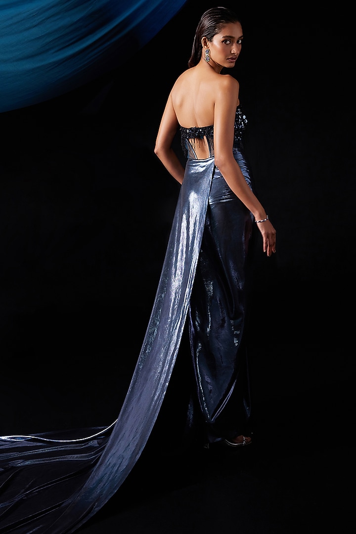 Metallic Blue Lycra & Net Jacket Corset Engagement Gown by ROQA | Siddharth Khurana & Kartik Khurana at Pernia's Pop Up Shop