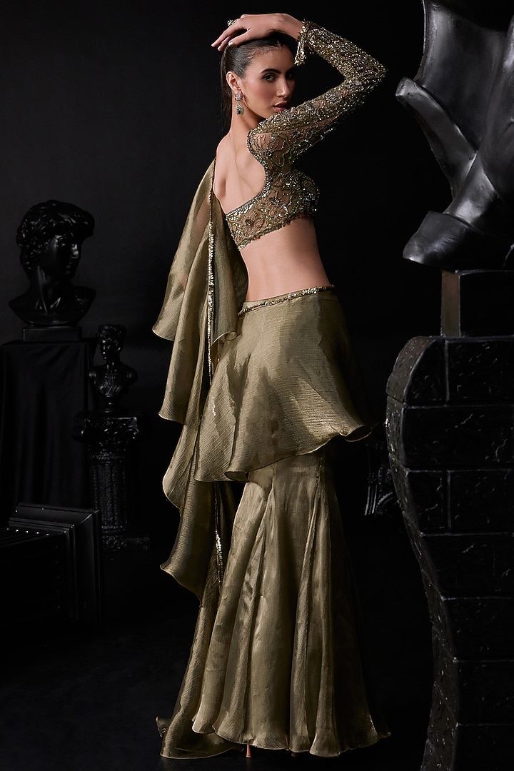 Antique Gold Organza & Net Ruffled Draped Wedding Saree Set by ROQA | Siddharth Khurana & Kartik Khurana at Pernia's Pop Up Shop