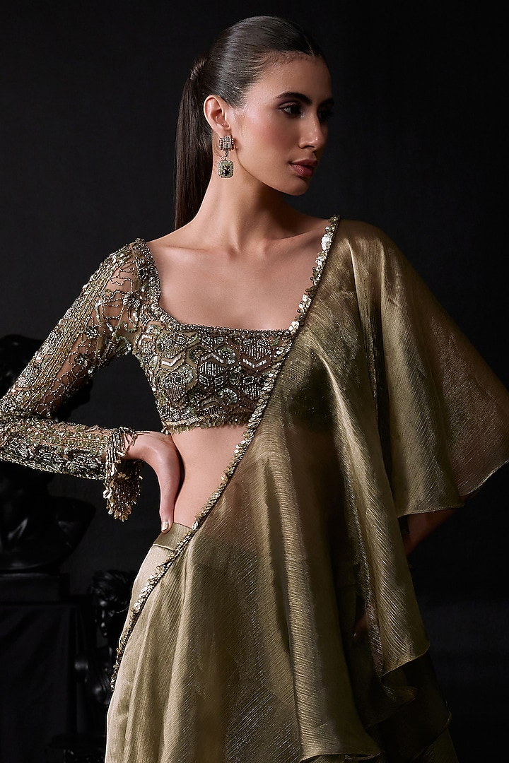 Antique Gold Organza & Net Ruffled Draped Wedding Saree Set by ROQA | Siddharth Khurana & Kartik Khurana at Pernia's Pop Up Shop