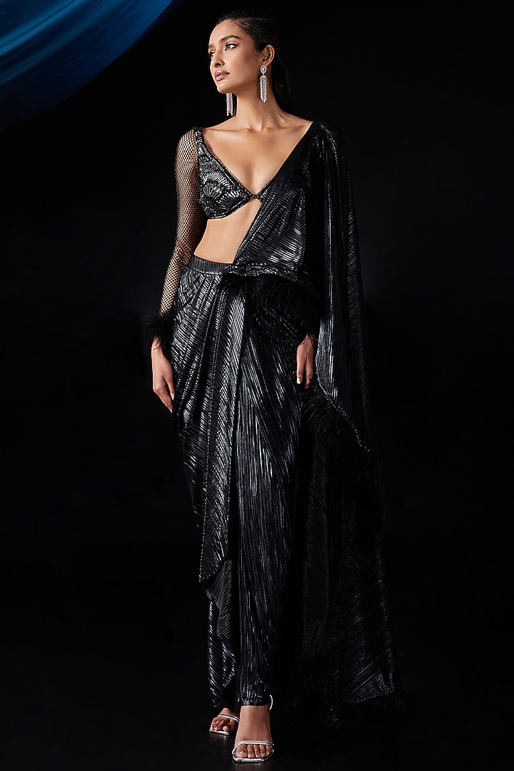 Black Pleated Lycra & Net Pre-Stitched Draped Saree Set by ROQA at Pernia's Pop Up Shop