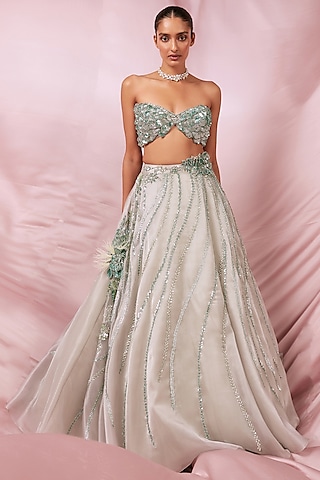 Mint Green Organza Embroidered Jacket Lehenga Set by ROQA | Siddharth Khurana & Kartik Khurana