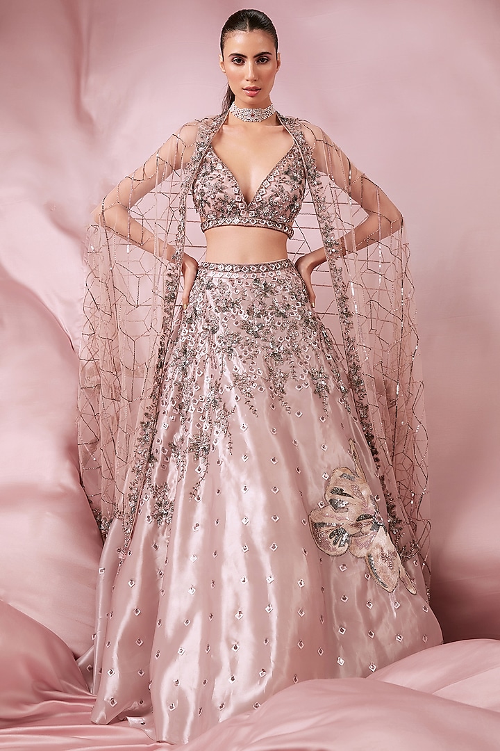 Blush Pink Organza Hand Embroidered Lehenga Set by ROQA