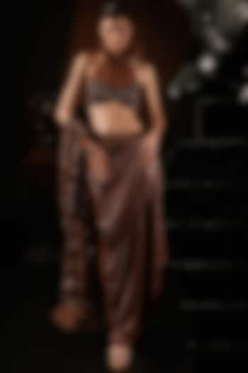 Coffe Brown Lycra & Net Pre-Stitched Draped Wedding Saree Set by ROQA | Siddharth Khurana & Kartik Khurana at Pernia's Pop Up Shop