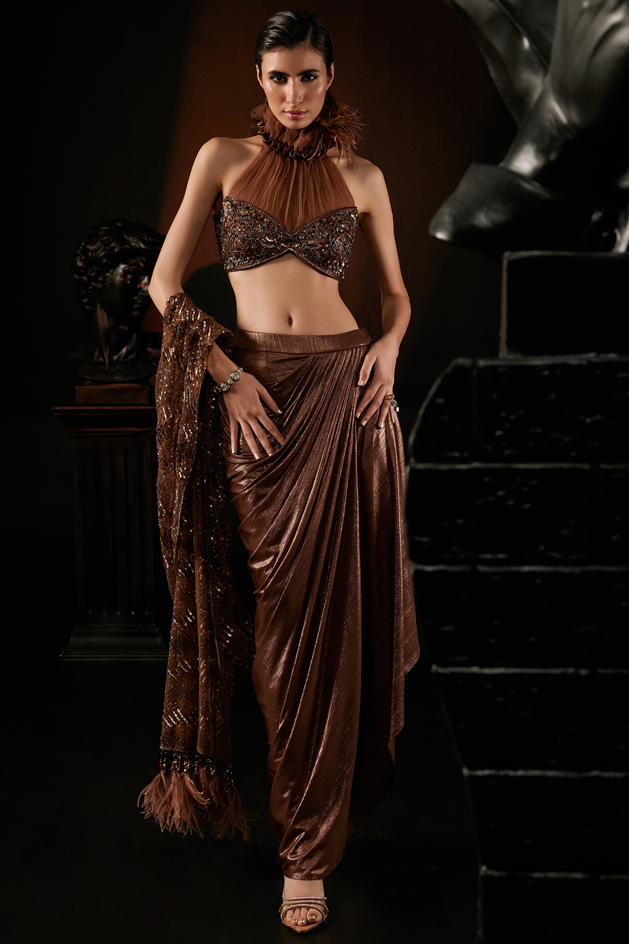Coffe Brown Lycra & Net Pre-Stitched Draped Wedding Saree Set by ROQA | Siddharth Khurana & Kartik Khurana at Pernia's Pop Up Shop