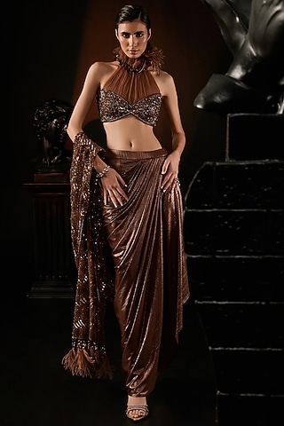 Coffe Brown Lycra & Net Pre-Stitched Draped Saree Set by ROQA | Siddharth Khurana & Kartik Khurana