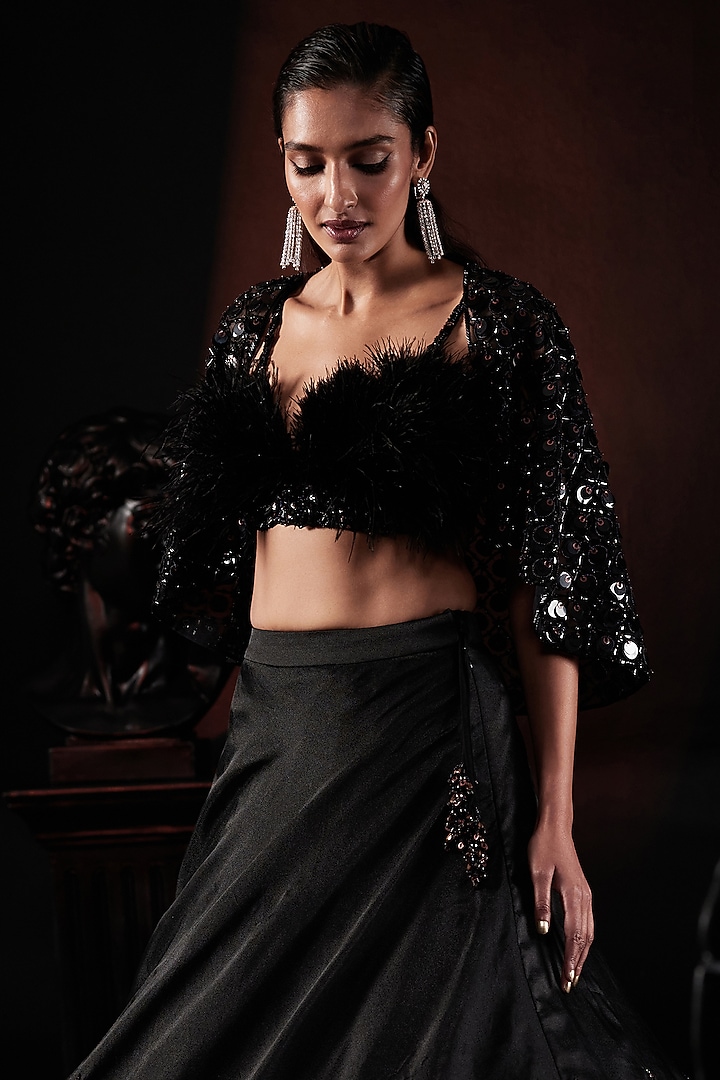 Black Organza Jacket Wedding Lehenga Set by ROQA | Siddharth Khurana & Kartik Khurana at Pernia's Pop Up Shop