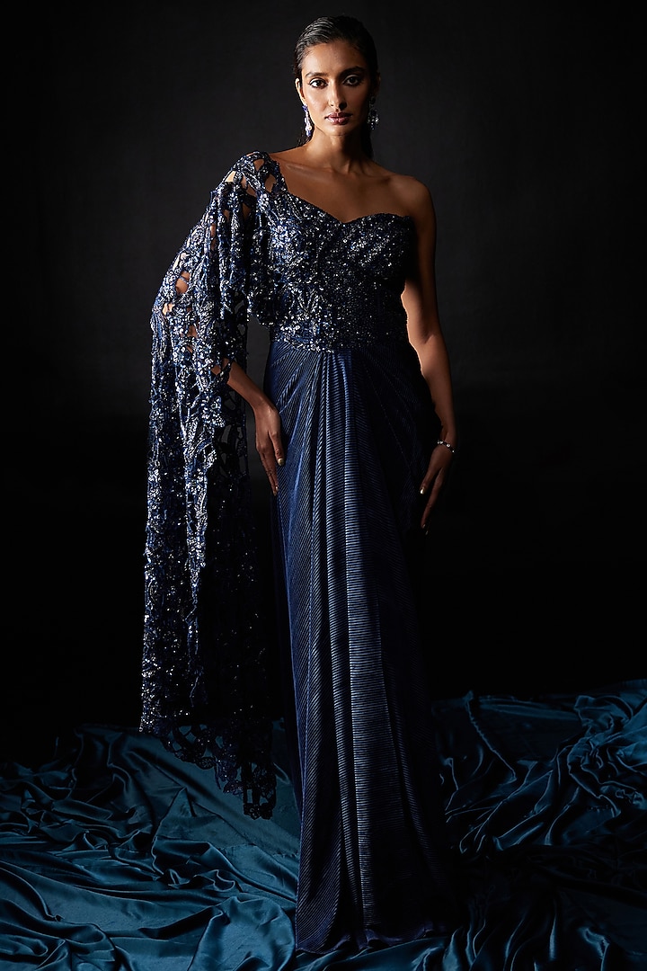 Ocean Blue Pleated Lycra & Net Hand Embroidered Draped Gown by ROQA