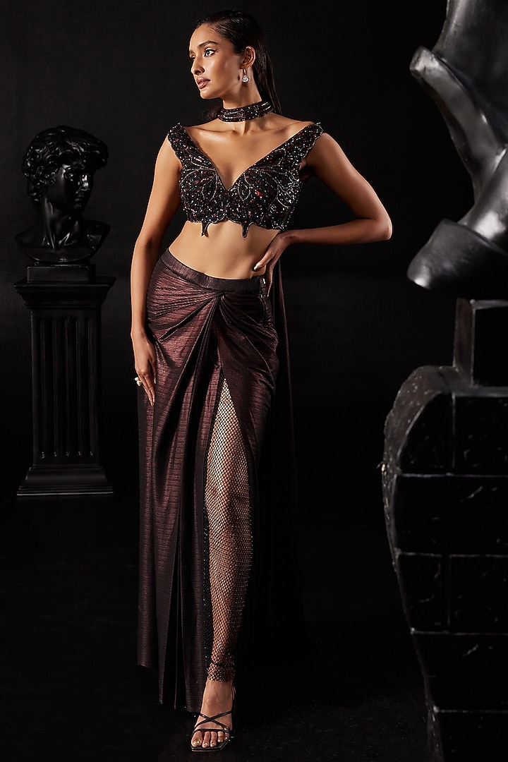 Copper Lycra & Net Draped Skirt Set by ROQA at Pernia's Pop Up Shop