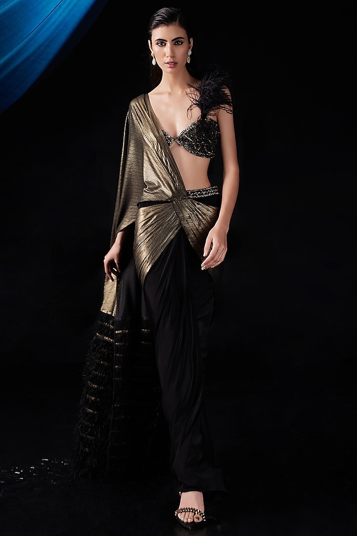 Black & Gold Net Pre-Stitched Draped Saree Set by ROQA