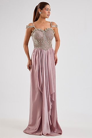 Dusty Pink Satin Gown by ROQA | Siddharth Khurana & Kartik Khurana