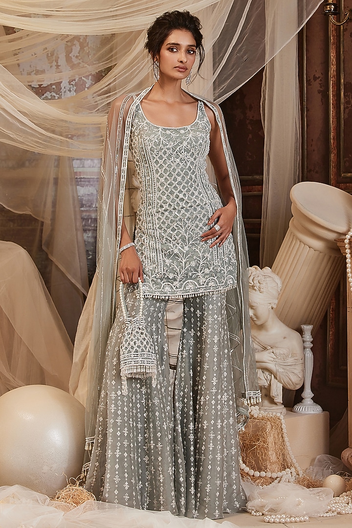 Ash Blue Organza Pearl Embellished Bridal Sharara Set by ROQA | Siddharth Khurana & Kartik Khurana at Pernia's Pop Up Shop