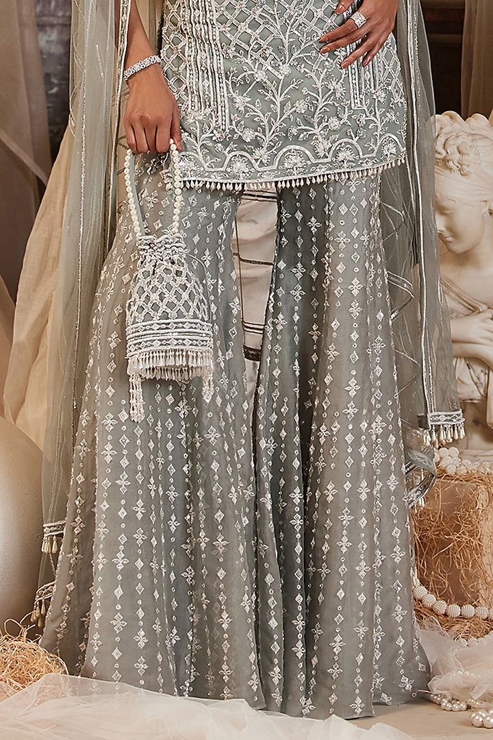 Ash Blue Organza Pearl Embellished Bridal Sharara Set by ROQA | Siddharth Khurana & Kartik Khurana at Pernia's Pop Up Shop
