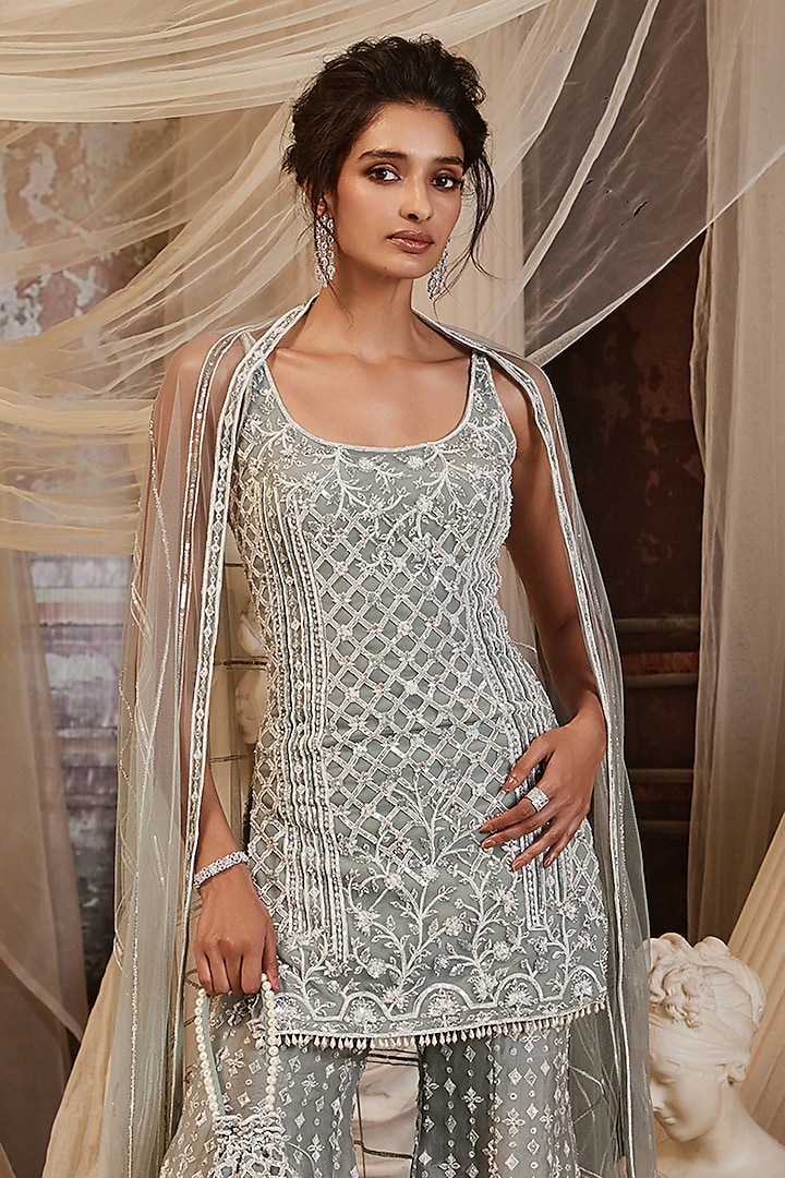 Ash Blue Organza Pearl Embellished Bridal Sharara Set by ROQA | Siddharth Khurana & Kartik Khurana at Pernia's Pop Up Shop