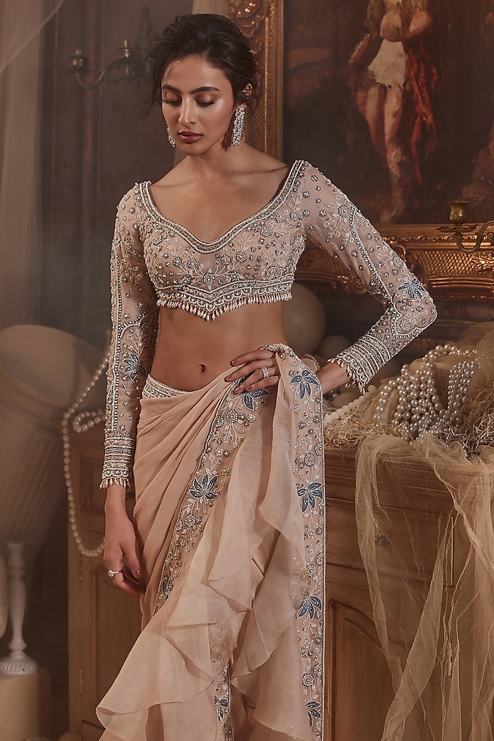 Peach Georgette & Organza Ruffled Draped Wedding Saree Set by ROQA | Siddharth Khurana & Kartik Khurana at Pernia's Pop Up Shop