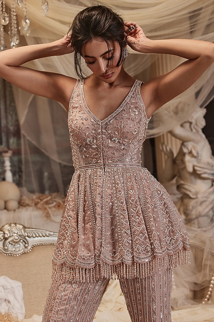Ivy Pink Organza Hand Embroidered Bridal Sharara Set by ROQA | Siddharth Khurana & Kartik Khurana at Pernia's Pop Up Shop