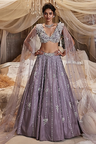 Lilac Pure Raw Silk Pearl Embroidered Lehenga Set by ROQA | Siddharth Khurana & Kartik Khurana