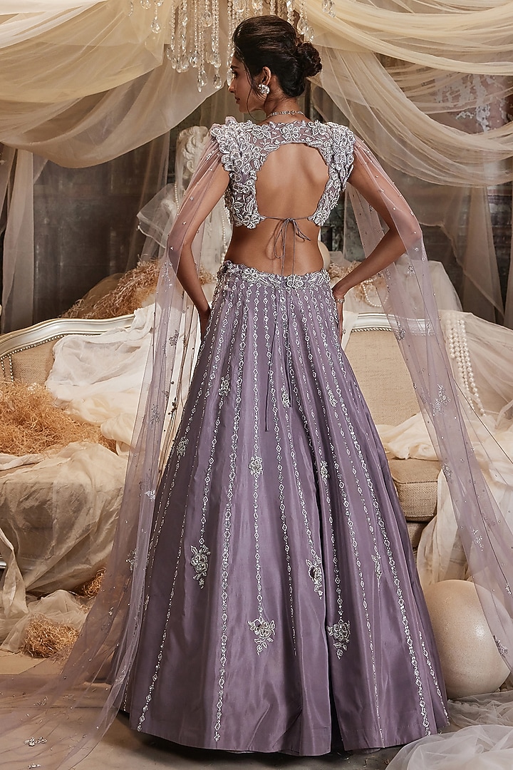 Lilac Pure Raw Silk Pearl Embroidered Wedding Lehenga Set by ROQA | Siddharth Khurana & Kartik Khurana at Pernia's Pop Up Shop
