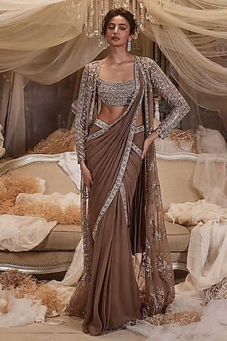 Ash Brown Georgette Pearls Embroidered Pre-Draped Jacket Saree Set by ROQA | Siddharth Khurana & Kartik Khurana