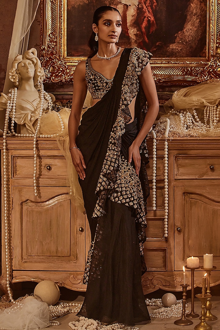 Black Georgette Gold Embroidered Draped Saree Set by ROQA at Pernia's Pop Up Shop