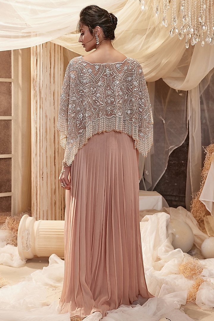 Dusty Pink Georgette Skirt Set by ROQA | Siddharth Khurana & Kartik Khurana at Pernia's Pop Up Shop