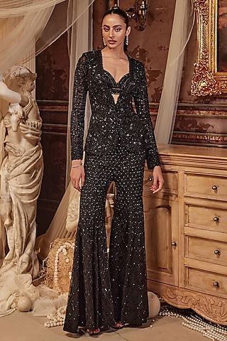 Black Net Embroidered Jacket Set by ROQA | Siddharth Khurana & Kartik Khurana