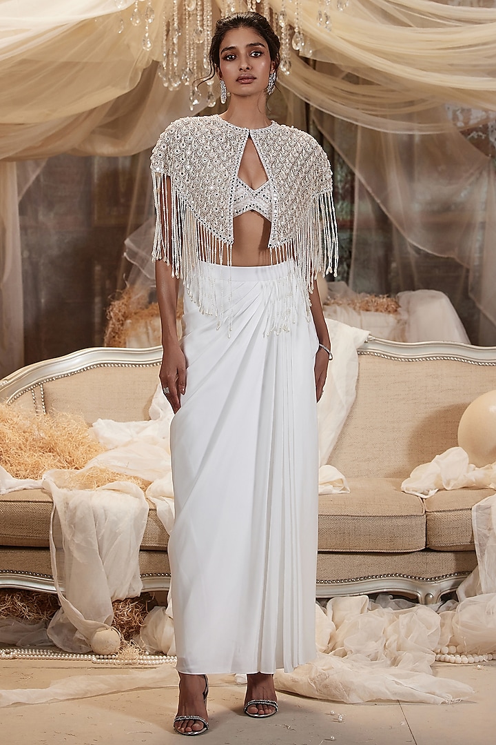 Off-White Modal Satin Draped Skirt Set by ROQA at Pernia's Pop Up Shop