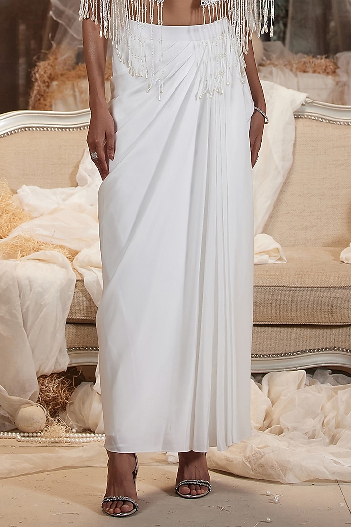 Off-White Modal Satin Draped Skirt Set by ROQA | Siddharth Khurana & Kartik Khurana at Pernia's Pop Up Shop