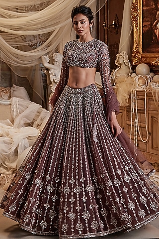 Wine Net Lehenga Set by ROQA | Siddharth Khurana & Kartik Khurana