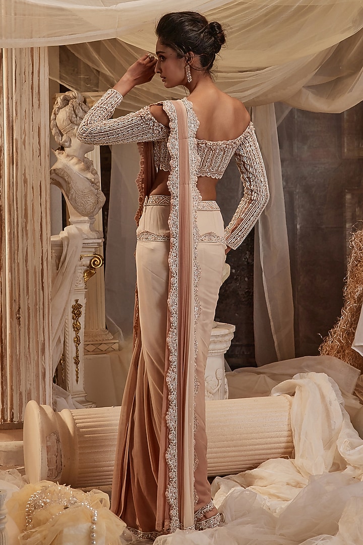Soft Pink Ombre Georgette Embroidered Draped Wedding Saree Set by ROQA | Siddharth Khurana & Kartik Khurana at Pernia's Pop Up Shop