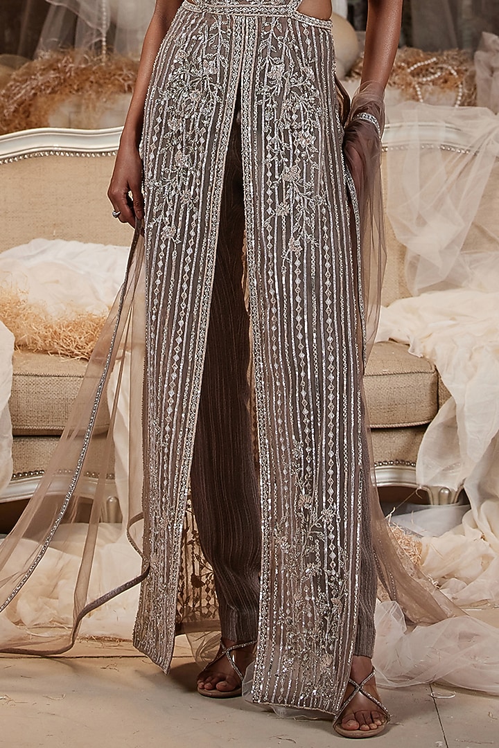 Taupe Net Embroidered Kurta Set by ROQA | Siddharth Khurana & Kartik Khurana at Pernia's Pop Up Shop