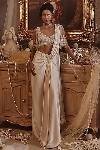 Ivory Modal Satin Draped Saree Set by ROQA | Siddharth Khurana & Kartik Khurana