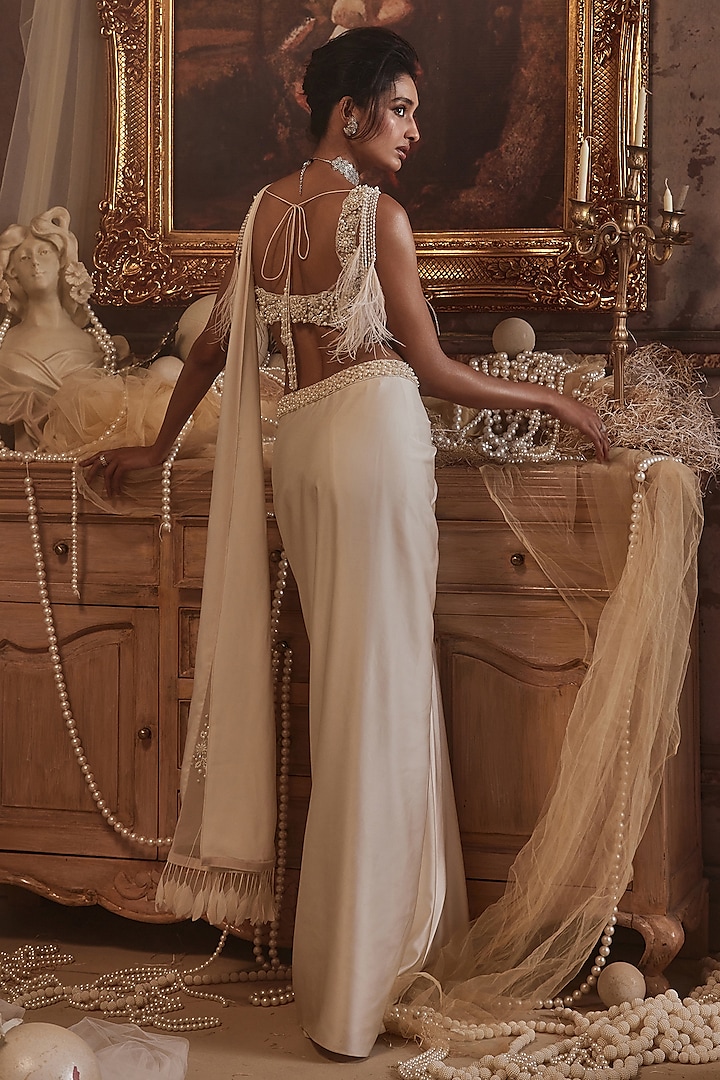 Ivory Modal Satin Draped Wedding Saree Set by ROQA | Siddharth Khurana & Kartik Khurana at Pernia's Pop Up Shop