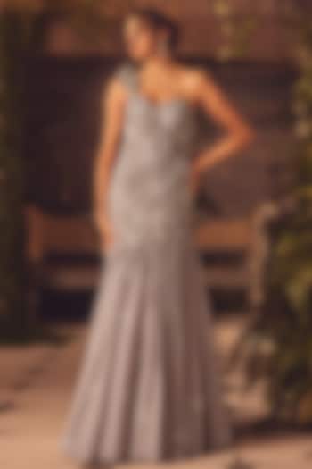 Grey Georgette 3D Floral & Sequin Hand Embroidered Mermaid Wedding Gown by ROQA | Siddharth Khurana & Kartik Khurana at Pernia's Pop Up Shop