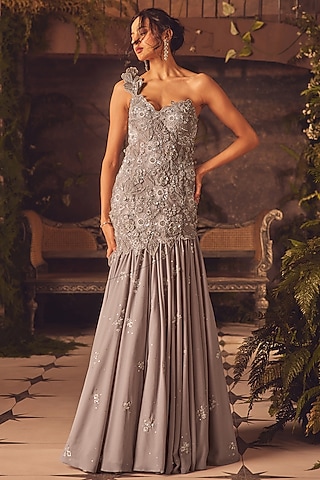 Grey Georgette 3D Floral & Sequin Hand Embroidered Mermaid Gown by ROQA | Siddharth Khurana & Kartik Khurana