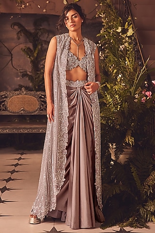 Lavender Modal Satin Draped Skirt Set by ROQA | Siddharth Khurana & Kartik Khurana