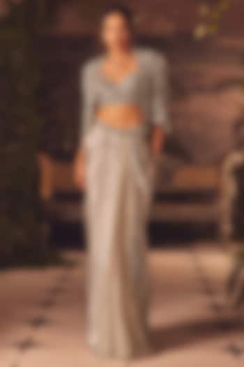 Ivory Modal Satin Draped Skirt Set by ROQA | Siddharth Khurana & Kartik Khurana at Pernia's Pop Up Shop