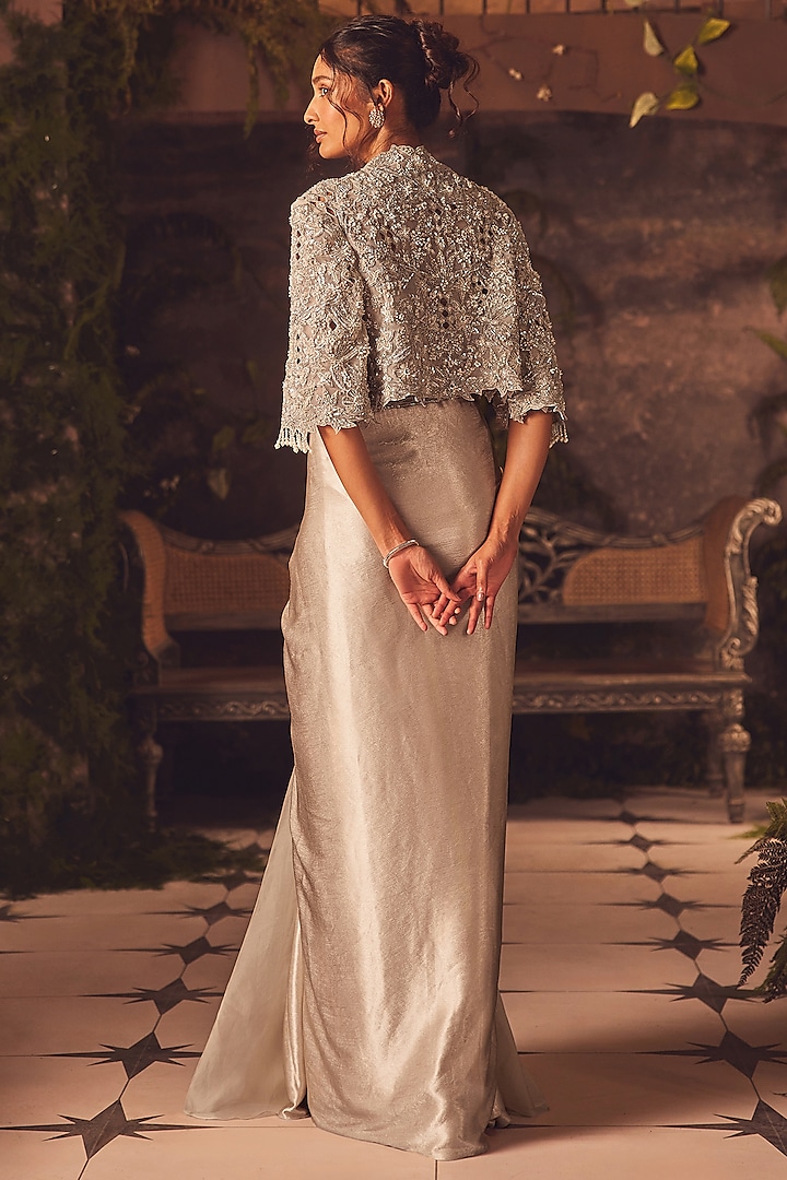 Ivory Modal Satin Draped Skirt Set by ROQA | Siddharth Khurana & Kartik Khurana at Pernia's Pop Up Shop