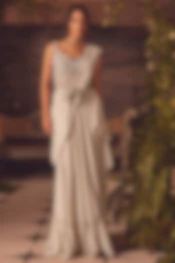 Ivory Georgette 3D Floral Applique Embroidered Draped Corset Wedding Gown Saree by ROQA | Siddharth Khurana & Kartik Khurana at Pernia's Pop Up Shop