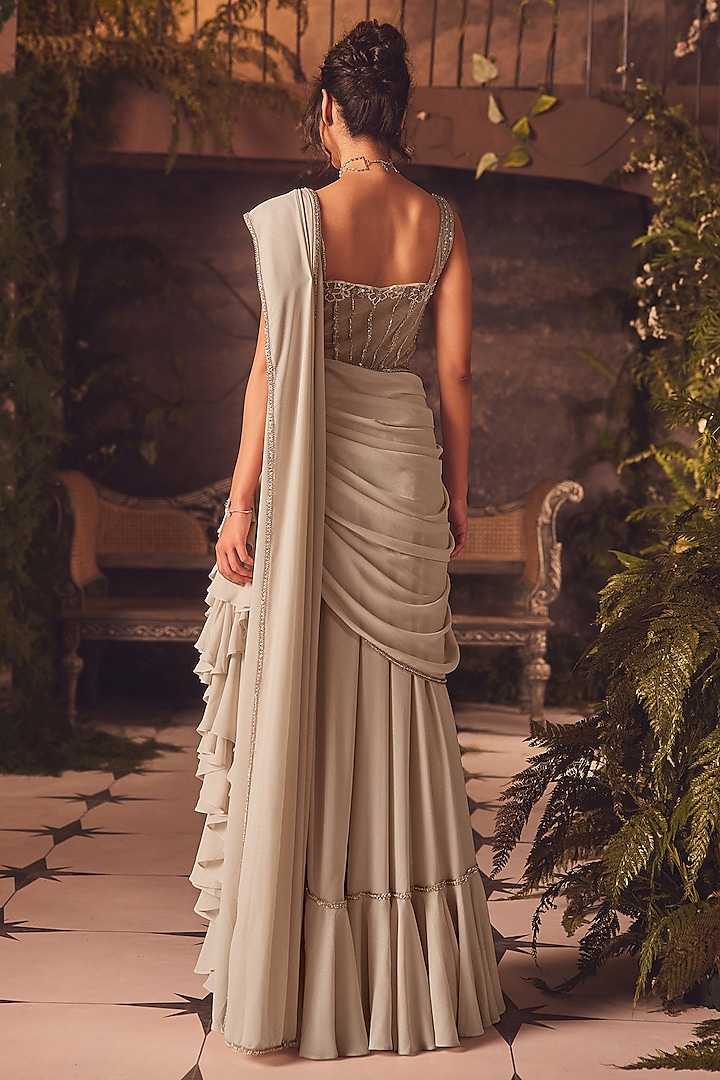 Ivory Georgette 3D Floral Applique Embroidered Draped Corset Wedding Gown Saree by ROQA | Siddharth Khurana & Kartik Khurana at Pernia's Pop Up Shop