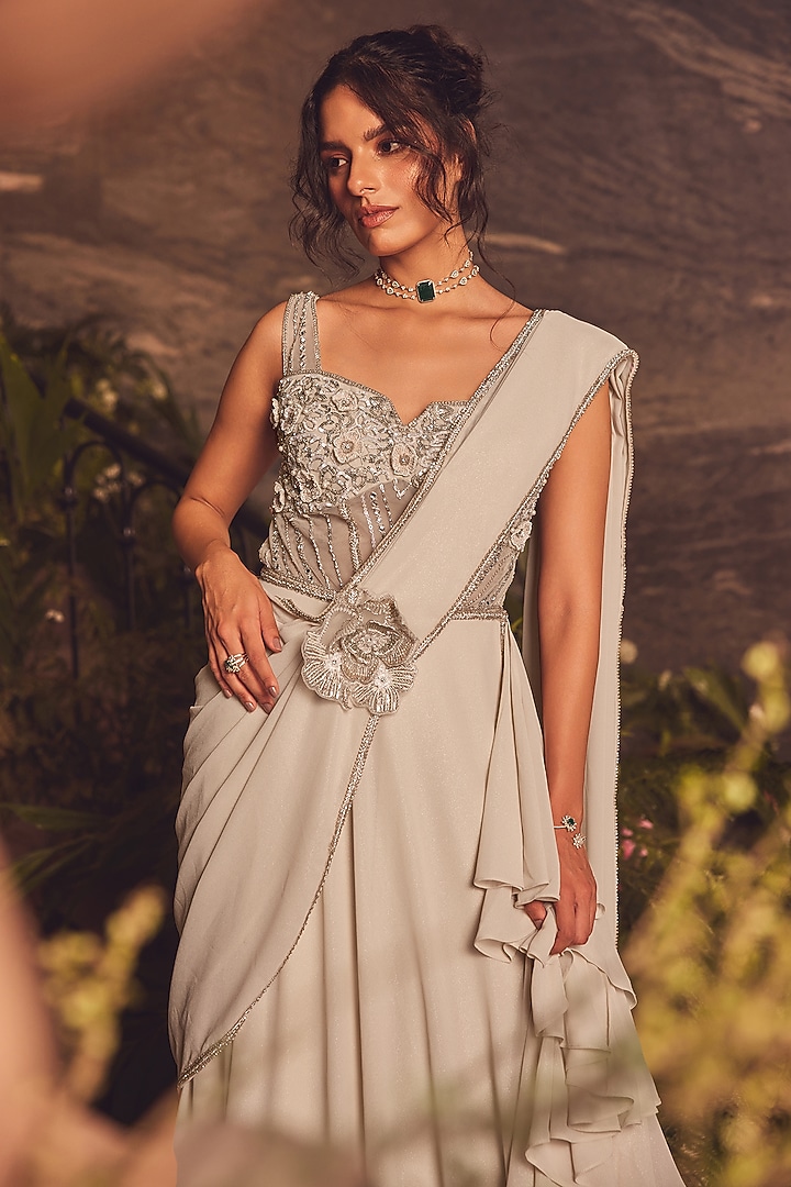Ivory Georgette 3D Floral Applique Embroidered Draped Corset Wedding Gown Saree by ROQA | Siddharth Khurana & Kartik Khurana at Pernia's Pop Up Shop