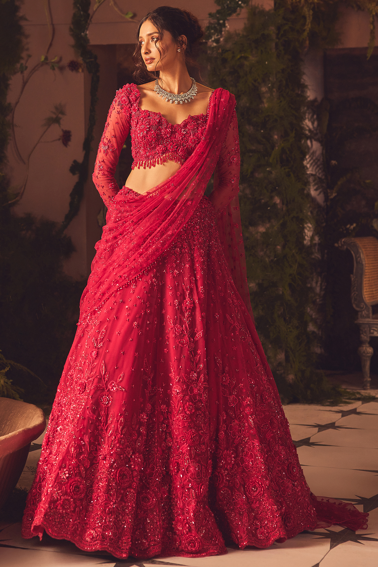 Magenta Net Floral Applique & Mirror Embroidered Bridal Lehenga Set by ROQA | Siddharth Khurana & Kartik Khurana at Pernia's Pop Up Shop