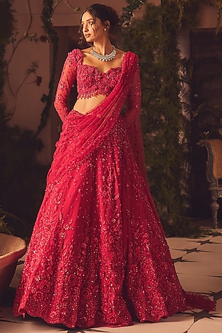 Magenta Net Floral Applique & Mirror Embroidered Lehenga Set by ROQA | Siddharth Khurana & Kartik Khurana