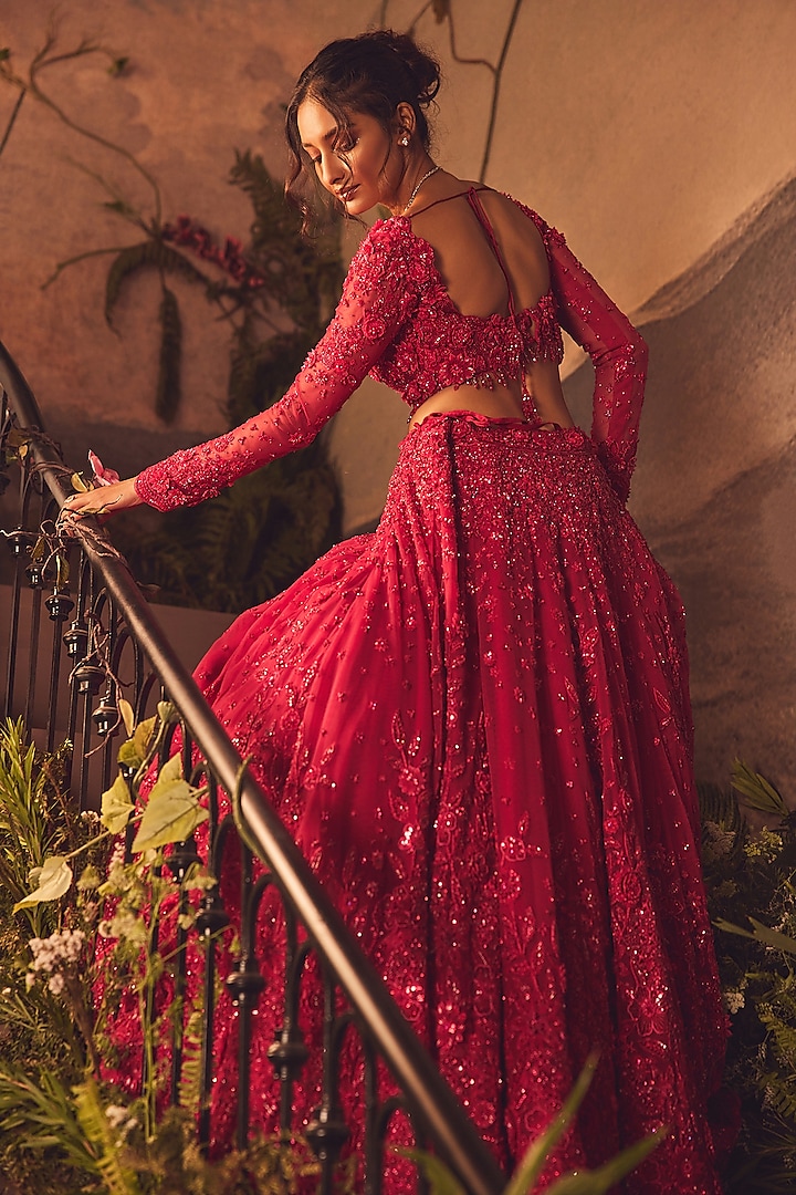 Magenta Net Floral Applique & Mirror Embroidered Bridal Lehenga Set by ROQA | Siddharth Khurana & Kartik Khurana at Pernia's Pop Up Shop