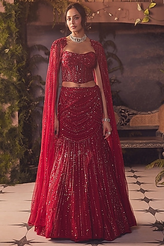 Red Net Embroidered Mermaid Lehenga Set by ROQA | Siddharth Khurana & Kartik Khurana