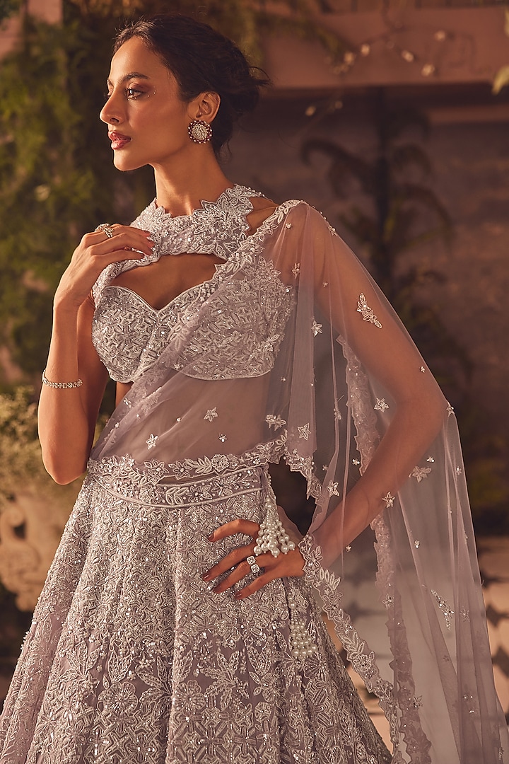 Mauve Net Pearl Embroidered Flared Bridal Lehenga Set by ROQA | Siddharth Khurana & Kartik Khurana at Pernia's Pop Up Shop