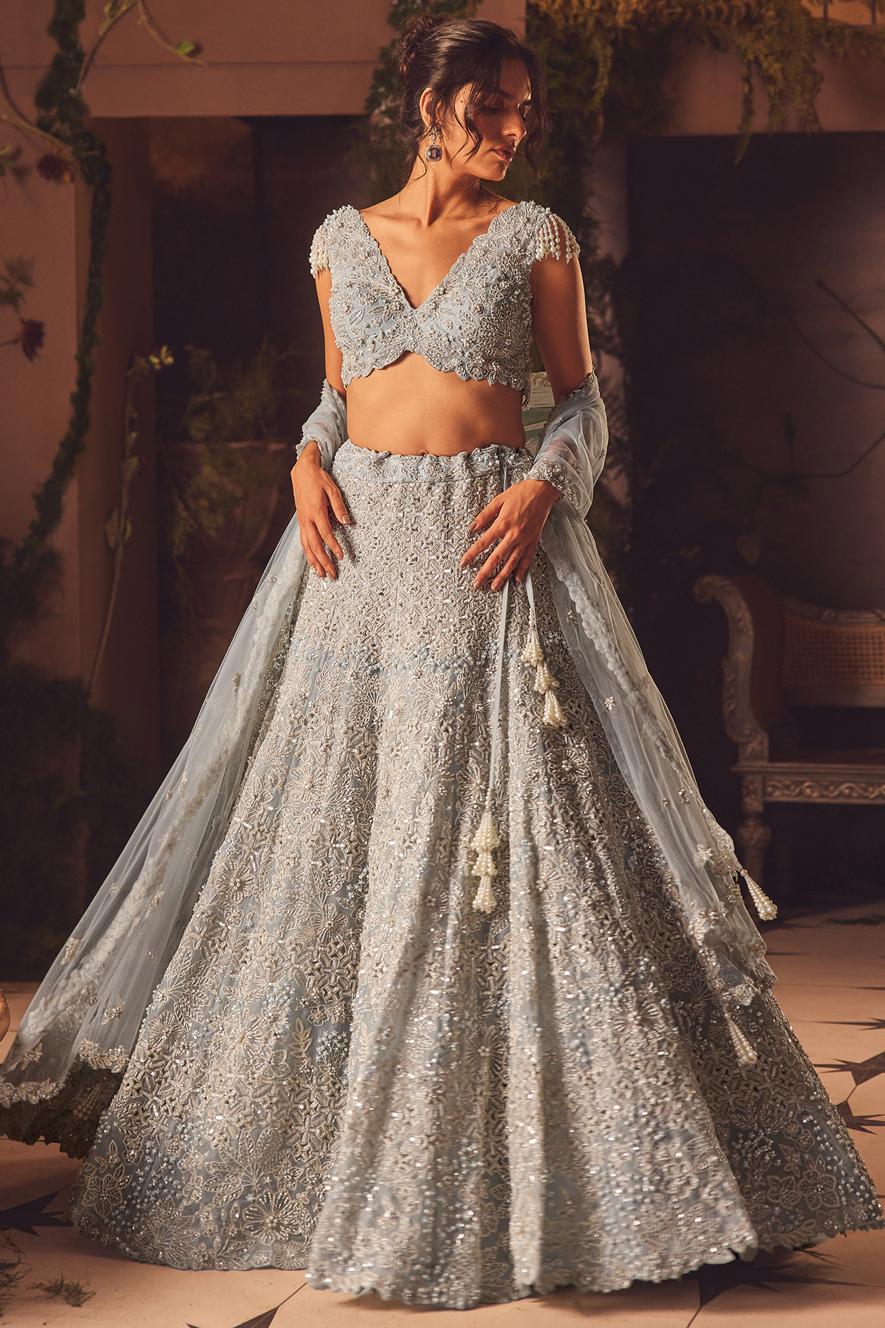 Blue-Grey Net Pearl Embroidered Flared Bridal Lehenga Set by ROQA | Siddharth Khurana & Kartik Khurana at Pernia's Pop Up Shop