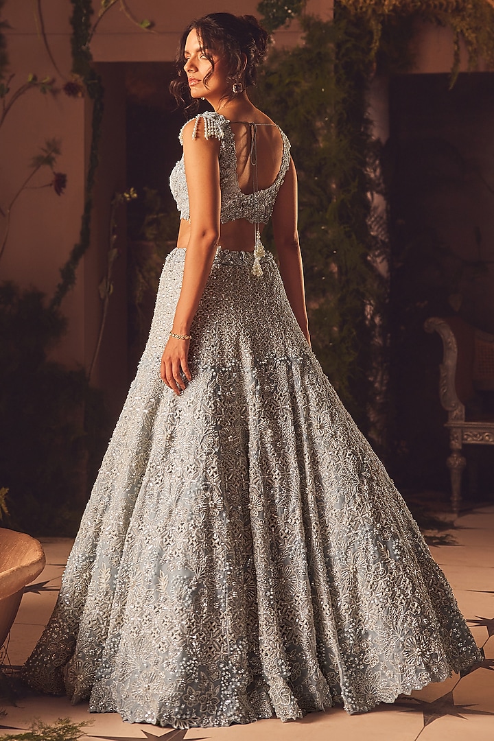 Blue-Grey Net Pearl Embroidered Flared Bridal Lehenga Set by ROQA | Siddharth Khurana & Kartik Khurana at Pernia's Pop Up Shop